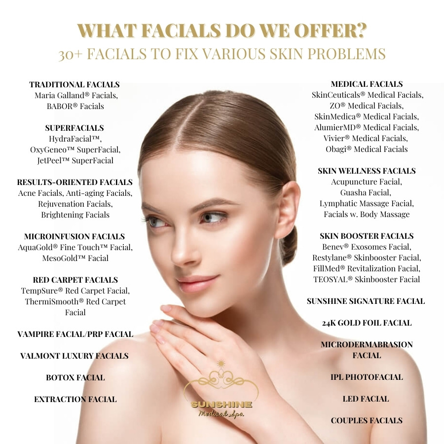 Our Facials Waterloo Kitchener services include over 30 different types of facials. Sunshine Cosmetic Clinic & Medi Spa is simply THE LARGEST and THE BEST facial provider in Kitchener Waterloo area.